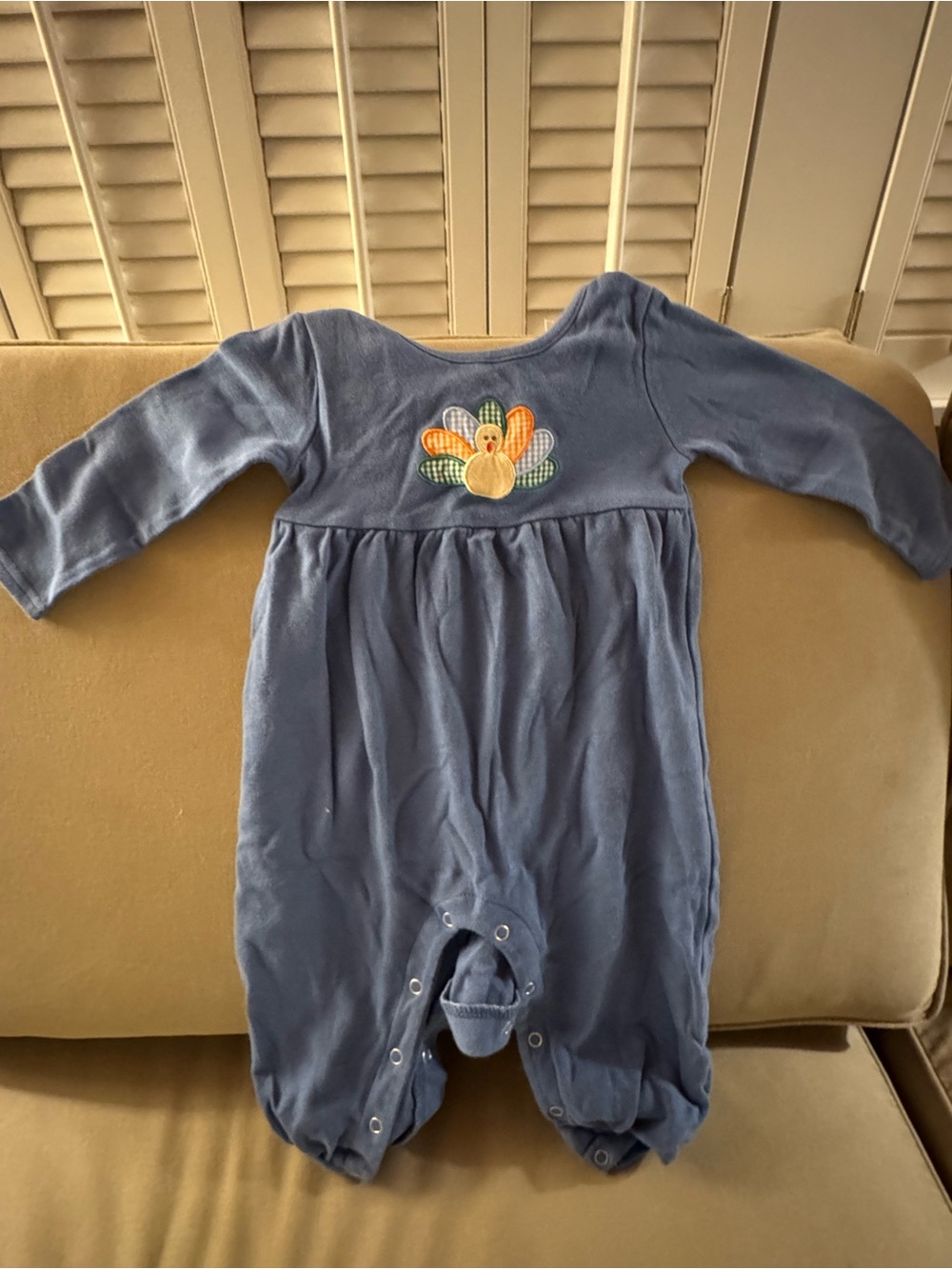 Stitchy Fish 18M Blue Gingham Turkey Thanksgiving Romper